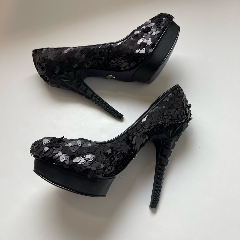 Black Sequined Geometric High Heel Pumps